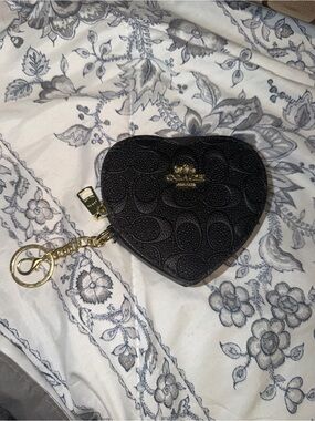 Coach Black Heart Logo Embossed Coin Key Pouch with Gold Hardware
